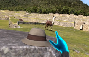 Scene fra et VR-spill med et dyr, en hatt og en hånd.