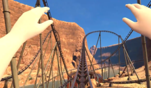 Scene fra VR-spillet med berg -og dalbaner og to hender i lufta.
