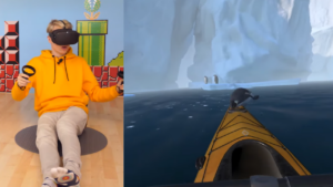 Bildekollasje: Gutt med Oculus VR-utstyr på, og kano i Arktis han ser gjennom bildene.